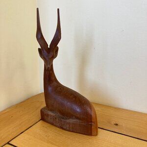 Wood Impala Laying Down Carved Wooden Figurine Vintage Gazelle  8" Tall